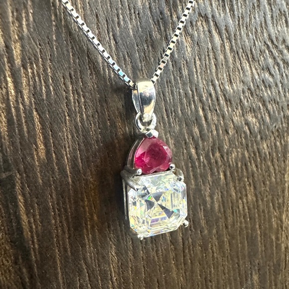 Vintage BBJ Strontium Titanate & Ruby Rhodium Over Sterling Pendant Necklace - Picture 2 of 11
